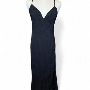 black strappy midi v neck dress with adjustable straps